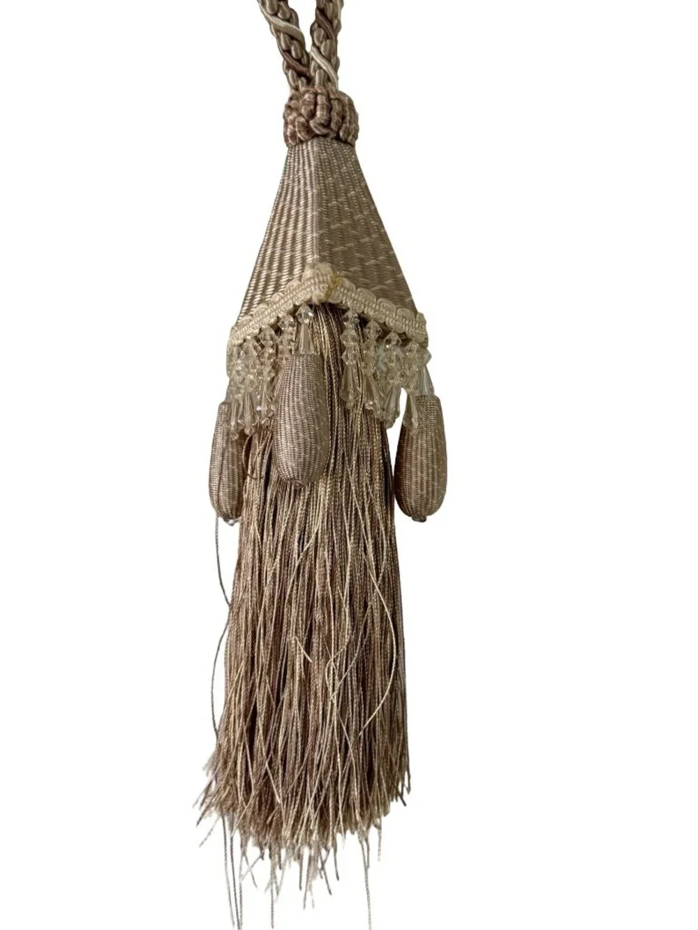 Decorative Beaded Curtain Tieback 26 Inch Taupe Champagne Tassel Drapery Holdbac